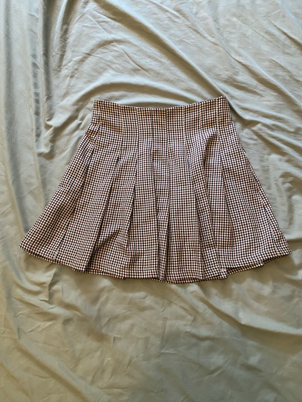 Pleated Gingham Mini Skirt in Brown and White